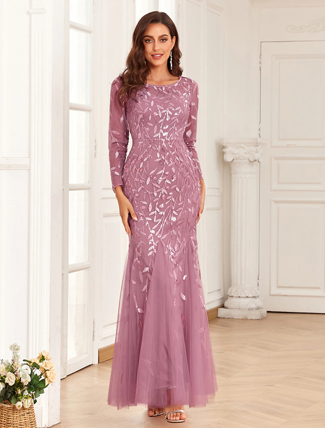 Meerjungfrau/Trompete Abendkleid Elegantes Kleid Ballkleid Bodenlang Langarm Juwel Hals Tüll mit Stickerei